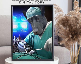 Personalized Surgeon, Doctor Surgeon Pet Painting, Pet Art, Pet Portrait, Custom Pet Portrait, Personalized Pet Portrait, Occupation Pet Art