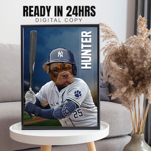 Niestandardowy portret zwierzaka baseballisty NY Yankees, pomysł na prezent dla fana Yankees, pies w koszulce baseballowej z portretem kija, portret miłośnika zwierząt, prezenty dla taty i mamy