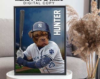 Custom NY Yankees Baseball Pet Portrait, Yankees Fan Gift Idea, Dog in Baseball Jersey with Bat Portrait, Pet Lover Portrait, Dad Mom Gifts