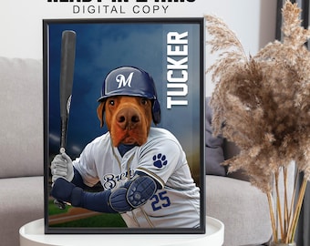 Dog as a Baseball Player Poster, Custom Milwaukee Brewers Baseball Pet Portrait, Gift for Baseball Fans, Dog Cat Pet Art Poster, Sports Fan
