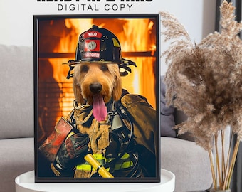 Working Pet Portrait, Fireman Dog Portrait, Funny Pet Portrait, Working Pet Digital Art, Pet Portrait Gift, Gifts for Pets, Family Pet