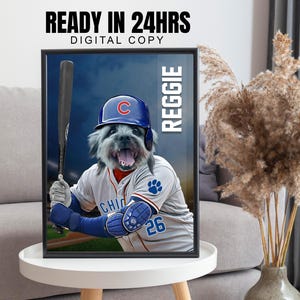 Custom Chicago Baseball Pet Portrait, Yankees Fan Gift Idea, Dog in Baseball Jersey with Bat Portrait, Pet Lover Portrait, Dad Mom Gifts