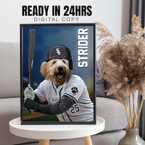 Baseball Dog Portrait, Chicago White Sox Baseball Custom Portrait, Baseball Team Poster, Sports Gift, Funny Pet Portrait, Pet Remembrance