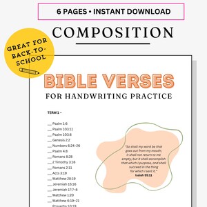 May include: A printable worksheet with a peach and green abstract design and a blue sailboat illustration. The worksheet features a list of Bible verses for handwriting practice, titled "Bible Verses for Handwriting Practice". The text "Term 1" is listed at the top of the page, followed by a list of Bible verses.