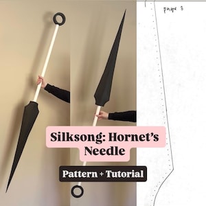 May include: A black and white prop needle from the video game Silksong: Hornet's Needle. The needle has a black blade and a white handle. The image also includes a pattern and tutorial for the needle.