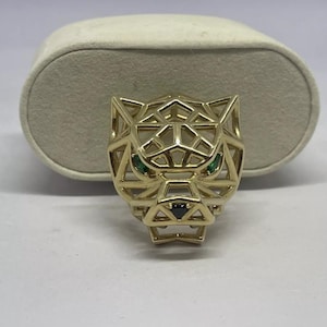 10k Real Solid Yellow Gold Black Enamel Panther Head with Green Eyes Pendant 24g