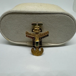 Vintage 18K Gold Emerald Pre-Columbian Pendant Brooch Pin Aztec Mayan Pendant