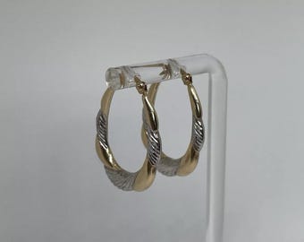 Vintage 14k Yellow & White Gold Twisted Oval Hoop Earrings Weave 2.28g