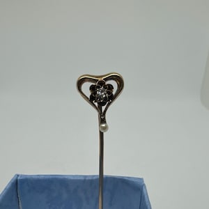 Vintage / Antique 10K Yellow Gold & Diamond Heart Stick Pin, Flower, Pearl