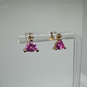 Ladies 10k Yellow gold Trillion Cut Pink Ruby & Diamond Stud earrings