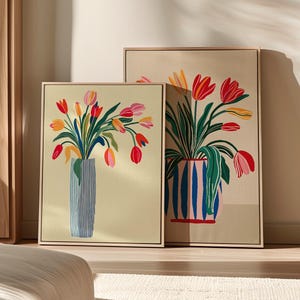 Tulip Wall Art Set of 2, Modern Floral Vase Prints, Bold Botanical Artwork, Living Room and Kitchen Decor