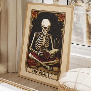 Tarotkarten-Druck „Der Leser“, Skelett-Buch-Ecke-Kunstgeschenk, druckbare Buchdekoration (Download)