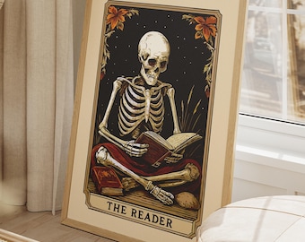 The Reader Tarot Card Print, Skeleton Book Nook Art Gift, Printable Bookish Decor (Download)