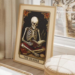 Printable Tarot Card Wall Art &quot;The Reader&quot;, Skeleton Reader Poster, Book Lover Gift, Bookish Witchy Library Decor, Witchy Reading Nook Art