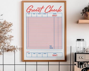 Póster imprimible de cheque de invitado en blanco, lámina de arte mural retro, cheque de invitado de estilo vintage, cheque en blanco imprimible rojo y azul, arte preppy estético