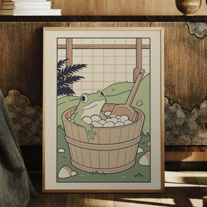 Japanese Frog in a Bathtub Print, Japanese Bathroom Wall Art, Japandi Art, Japanese Wall Decor, Bathroom Decor, Green Frog, Digital Download