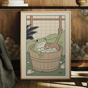 Print Japanse kikker in bad, kunst aan de muur Japanse badkamer, Japandi-kunst, Japans muurdecor, badkamerdecor, groene kikker, digitale download