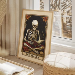Printable Tarot Card Wall Art &quot;The Reader&quot;, Skeleton Reader Poster, Book Lover Gift, Bookish Witchy Library Decor, Witchy Reading Nook Art