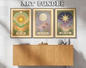 Tarot Card Printable Wall Art Bundle - The Sun, The Moon, The Star: Retro Astrology Poster, Boho Mysical Print, Set of 3