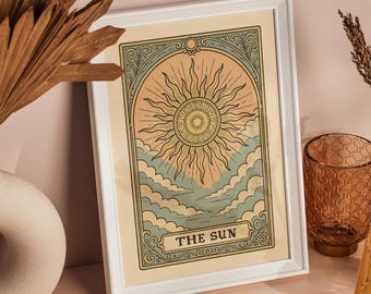 Printable Tarot Card Wall Art "The Sun", Retro Astrology Sun Poster, Vintage Boho Mysical Print, Home Decor, Instant Digital Download