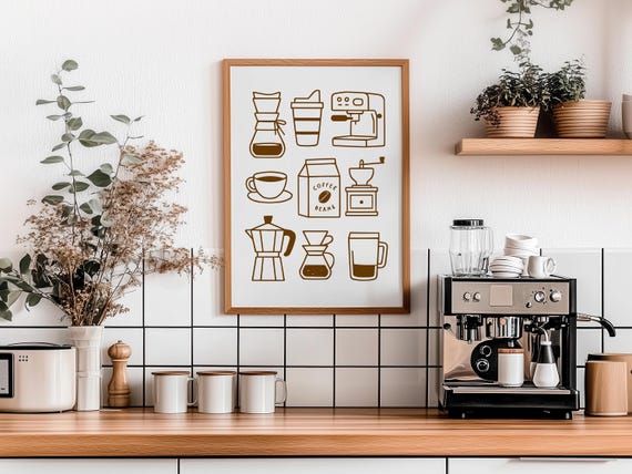 Coffee Print Wall Art, Espresso Poster, Kitchen Print, Coffee Art, Brown Minimal Drawing, Hand Drawn Art, Foodie Gift Idea, Digital Download