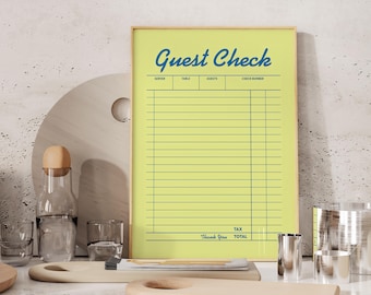 Blank Guest Check Printable Poster, Retro Wall Art Print, Vintage Style Guest Check, Yellow Blank Check Printable, Aesthetic Preppy Art