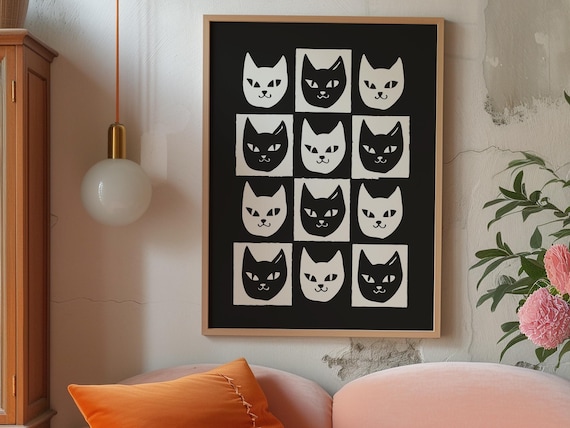 Black And White Cat Wall Art, Modern Minimalist Cat Faces Print, Abstract Feline Pop Art, Bold Graphic Cat Poster For Home Decor