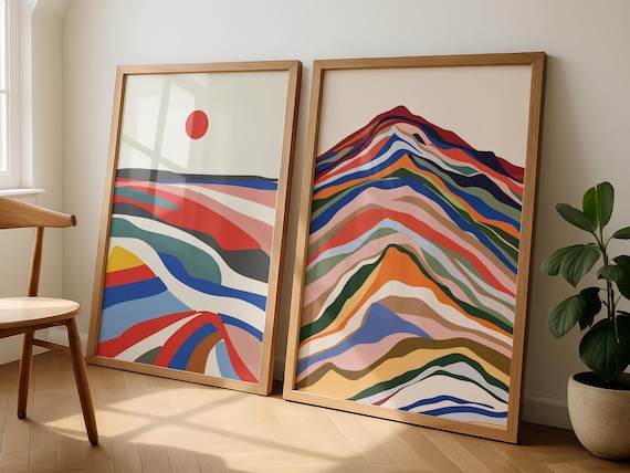 Colorful Abstract Mountain and Sunset Wall Art Set, Modern Boho Landscape Prints, Minimalist Mid Century Style Decor for Living Room