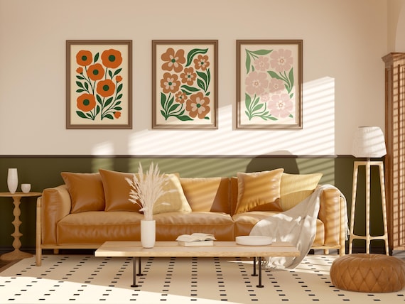 Boho Abstract Flowers Print Set of 3, Floral Wall Art, Vintage Art Print, Boho Printable Art, Flower Market Poster, Digital Art Bundle
