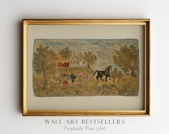 May include: A framed landscape print featuring a folk art style illustration of a house, a horse, and trees. The artwork displays muted earth tones, including shades of brown, tan, and soft blue, with a gold-colored frame surrounding the rectangular image.
