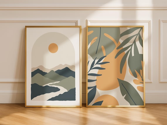 Modern Abstract Wall Art Set, Minimalist Landscape and Botanical Prints, Printable Home Decor, Mid Century Style Art, Earthy Neutral Tones