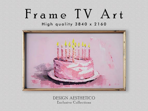 Frame TV Art: Pink Birthday Cake | Party Decor Wall Art | Oil Painting | 4K High Resolution Artwork | Digital Download + BONUS | CanvasTV