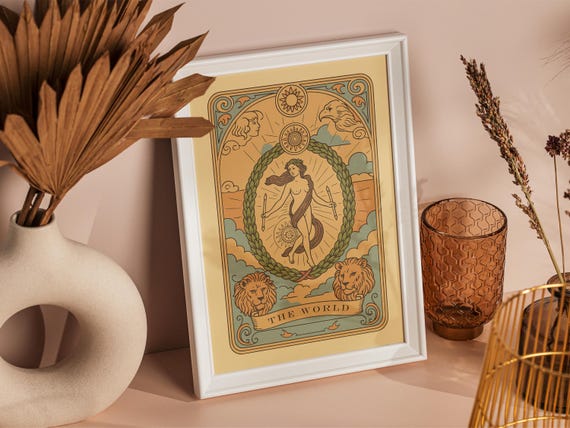 Printable Tarot Card Wall Art "The World", Retro Astrology Poster, Vintage Boho Mysical Print, Home Decor, Instant Digital Download