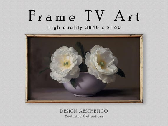 Frame TV Art: White Peonies | Floral Still Life Oil Painting | Minimalist Fine Wall Art | 4K Artwork | Digital Download + BONUS | CanvasTV