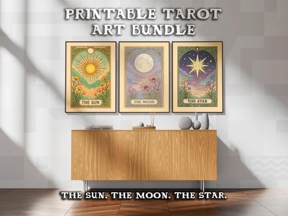 Printable Tarot Card Wall Art Bundle | The Sun, The Moon, The Star: Retro Astrology Poster, Boho Mysical Print, Home Decor, Set of 3