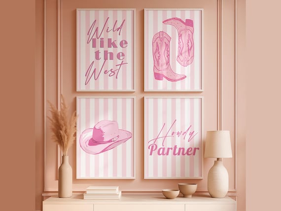 Pink Cowgirl Wall Art Set, Cowgirl Boots & Hat Prints, Howdy Partner Quote Posters, Barbiecore Country Home Decor, Coquette Gallery Wall