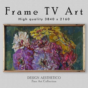 May include: A framed floral painting with a gold-colored frame. The artwork features a bouquet of flowers in shades of purple, yellow, white, and red. The text "Frame TV Art" is at the top, and "DESIGN AESTHETICO Fine Art Collection" is at the bottom.