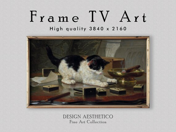 Frame TV Art: Kitten's Game | Vintage Cat Still Life Painting | Oil on Canvas | Fine Art Home Decor | Instant Digital Download + BONUS