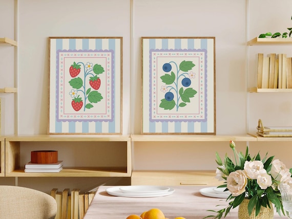 Vintage Striped Set of 2 Prints, Blueberries & Strawberries, Digital Art Download, Cottagecore Printable Wall Art Bundle, Home Decor