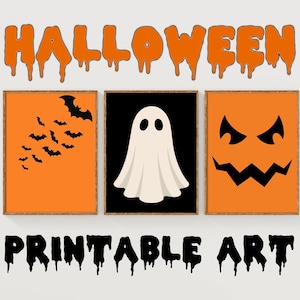 Halloween Printable Wall Art, Halloween Decor, Spooky Bats Ghost Pumpkin, Orange and Black, Set of 3 Prints, Minimalist Art
