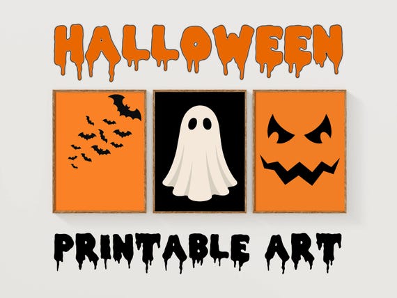 Halloween Printable Wall Art, Halloween Decor, Spooky Bats Ghost Pumpkin, Orange and Black, Set of 3 Prints, Minimalist Art