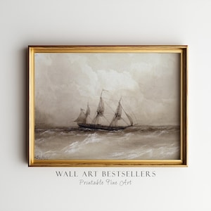 May include: A framed sepia-toned painting of a tall ship at sea. The artwork depicts a three-masted sailing vessel navigating choppy waters under a cloudy sky. The frame is gold, and the artwork is labeled "WALL ART BESTSELLERS Printable Fine Art."