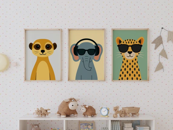 Childrens Wall Art Set of 3, Kids Bedroom & Nursery Animal Print Bundle, Trendy Wall Art, Printable Wall Art Print, Digital Download