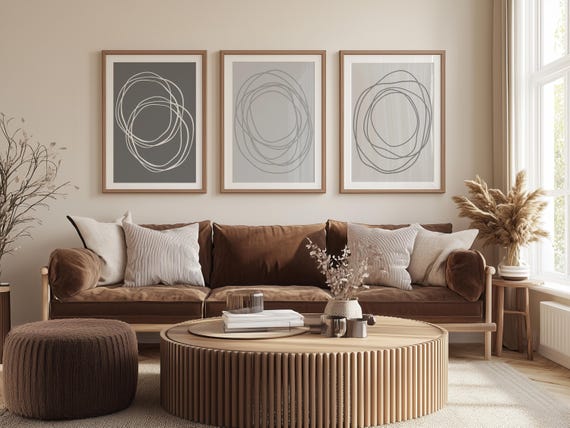 Abstract Line Art, Neutral Printable Wall Art Set of 3, Minimalist Grey Modern Prints, Geometric Digital Download, Minimal Art Poster Decor