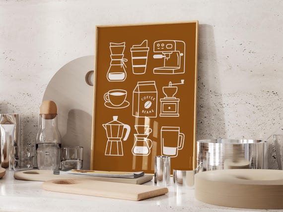 Coffee Print Wall Art, Espresso Poster, Kitchen Print, Coffee Art, Brown Minimal Drawing, Hand Drawn Art, Foodie Gift Idea, Digital Download
