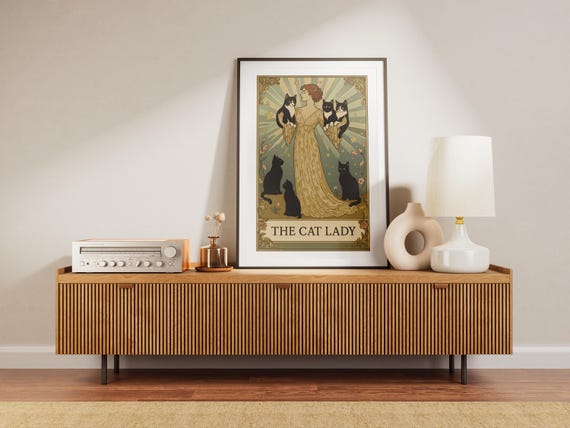 The Cat Lady Printable Tarot Card Wall Art, Art Nouveau Print, Cat