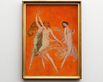 May include: A framed wall art print featuring three figures in flowing white garments dancing against a vibrant orange background. The artwork is enclosed in a metallic gold frame. Below the frame, the text reads WALL ART BESTSELLERS Printable Fine Art.