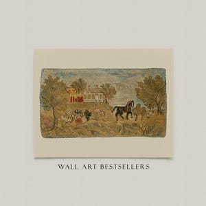 May include: A rectangular print featuring a landscape illustration with a dark horse, two houses, and trees in shades of brown, green, and blue. The artwork includes floral details and is bordered by a dark stitched edge. The text WALL ART BESTSELLERS appears below.