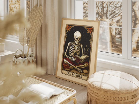 Printable Tarot Card Wall Art "The Reader", Skeleton Reader Poster, Book Lover Gift, Bookish Witchy Library Decor, Witchy Reading Nook Art