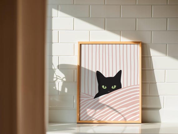 Black Cat Print, Minimalist Cat Wall Art, Cute Cat Poster, Green Eyes Cat Art, Printable Art, Cat Illustration, Home & Bedroom Decor